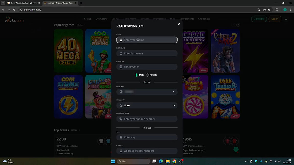 Screenshot des Excitewin Registrierungsformulars mit hervorgehobenen Pflichtfeldern