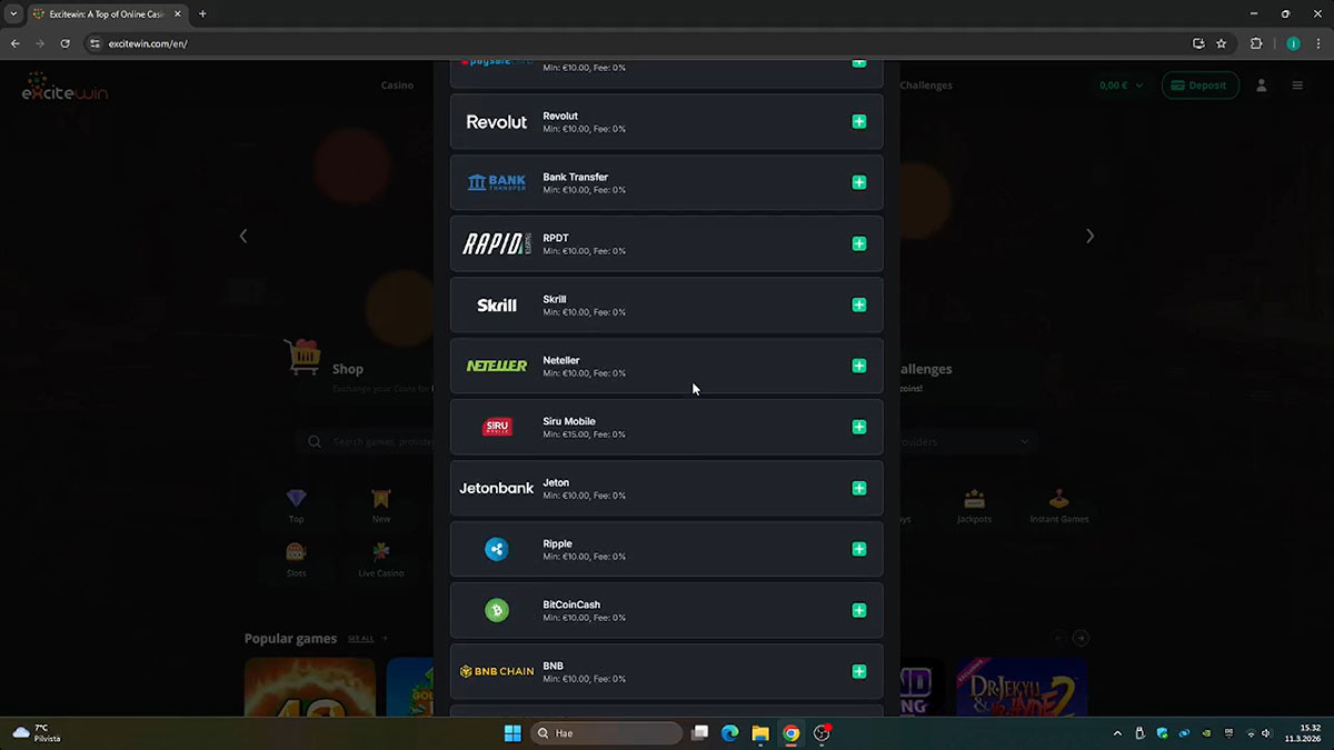 ExciteWin talletusmenetelmät