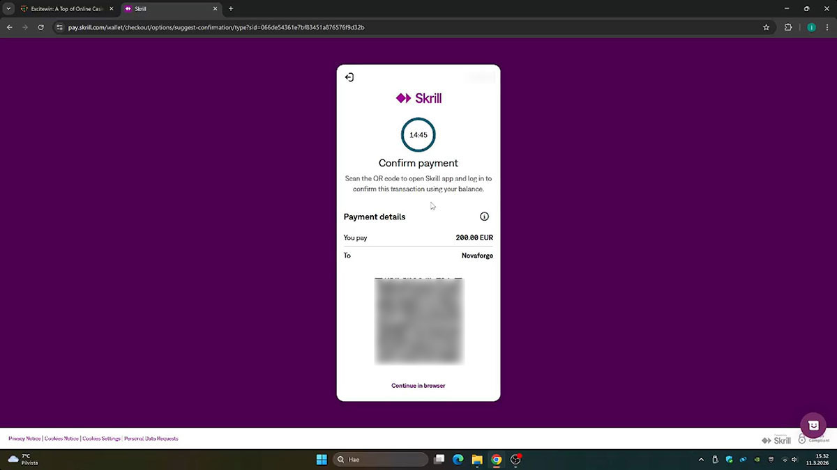 Näyttökuva Excitewinin talletussivusta, jossa näkyy Skrill-maksuvaihtoehto.