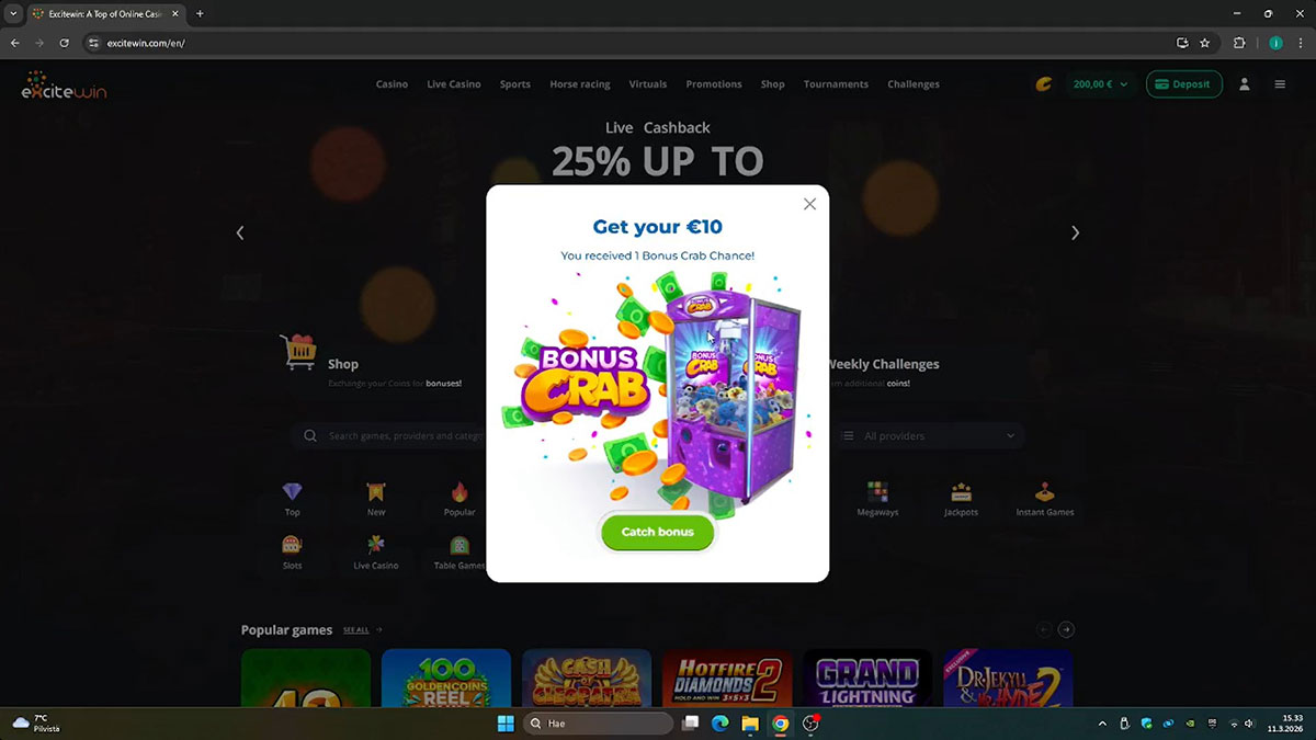 Excitewin-tilin saldo talletuksen ja bonuksen jälkeen