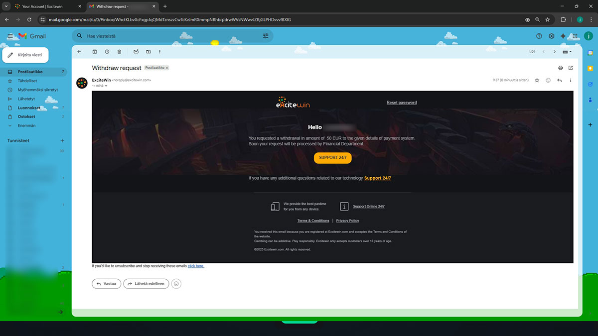 Screenshot einer Excitewin Auszahlungsbestätigungs-E-Mail mit Transaktions-ID und Status.